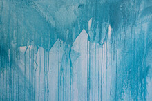 Horizontal Color Pattern Texture Photograph Of Turquoise Blue Paint Dripping Down A White Wall. Creative Background, Abstract Design Element