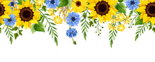 Horizontal Seamless Border With Hanging Blue And Yellow Sunflowers, Dandelion Flowers, Gerbera Flowers, Cornflowers, Ears Of Wheat, And Green Leaves. Vector Illustration