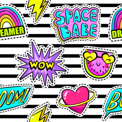 Wall Mural - Fashion patch badges in sketch comics style. Abstract seamless pattern. Cool stickers on repeated stripes background for teen girl