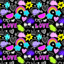 Bright Seamless Pattern With Colorful Hearts, Words, Raibow And Hand Drawing Elements. Neon Texture Background. Wallpaper For Teen Girls. Fashion Style