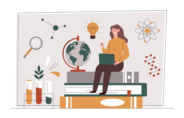 Poster - Remote education concept. Girl with laptop sits on stack of books, learning and self development, student does homework or takes test remotely, digital world. Cartoon flat vector illustration