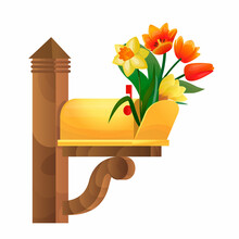 Vector Isolated Illustration With An Open Mailbox And A Bouquet Of Flowers Inside. The Concept Of A Gift, Congratulations, Romance.