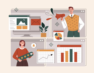 Poster - digital marketing concept. man and girl on background of charts, analytical department and promotion