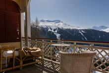 Balcony Of A Hotel With A Beautiful View Of The High Snowy Mountains And Forests During Winter