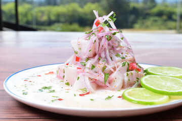 Sticker - Peruvian ceviche, accompanied by onion, pepper, lemon, salt, coriander