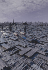 cargo shuttle flying over a massive industrial zone, 3d digitally rendered science fiction illustrat
