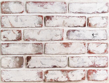 Grungy Brick Wall With Remnants Of Whitewash And Natural Defects, Front View. It Can Be Used As Background And For Posters, Wallpapers And Other Design Ideas. Preparation For Repair