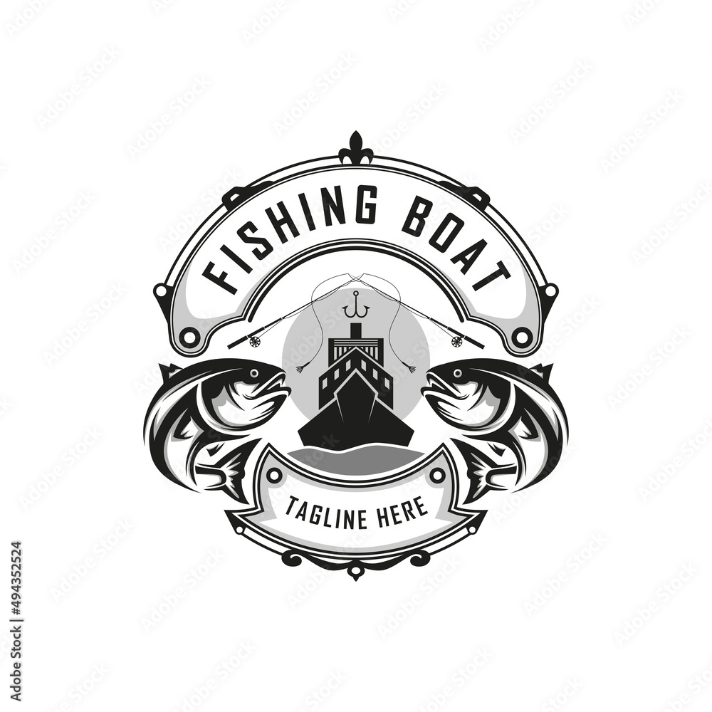 Fishing logo, vintage logo design with boat and two fish vector ...