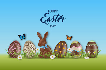 Wall Mural - Easter background with chocolate eggs and rabbit