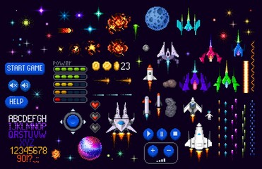 space game asset 8 bit pixel art. galaxy planets, rockets, starcraft, font and pixel art interface v