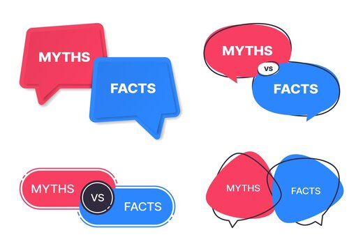 myths vs facts vector icons. truth and false badges of isolated blue and red speech bubbles or word 