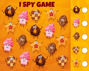 Aufkleber - Cartoon bakery, pastry, cakes and cookies I spy game worksheet. Matching and counting vector puzzle quiz, riddle or maze with cake, donut, cupcake, biscuit and muffin personages, brain puzzle game