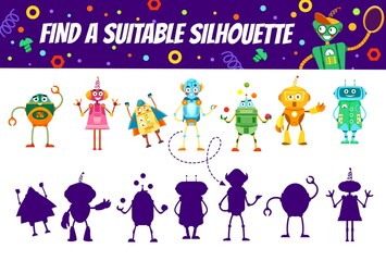 Aufkleber - Cartoon robots on find a suitable silhouette game worksheet. Logical playing activity, shadow compare educational riddle or vector puzzle with similarity and difference finding task and funny droids