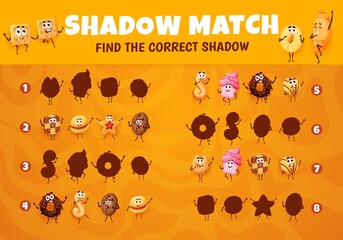 Aufkleber - Cartoon cookies, desserts and bakery characters on shadow match game worksheet. Preschool children logical riddle, quiz or intelligence game vector sheet with funny cupcake, croissant and donut