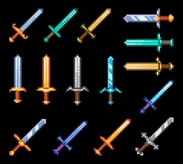Poster - Pixel game swords weapon, game asset. Vector vintage pixel art 8bit elements, medieval fantasy blades. Retro sprite magic daggers, computer graphic 2d objects, knight or viking armor isolated set