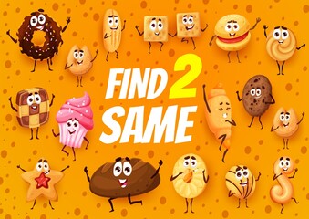 Aufkleber - Cartoon bakery, pastry, cakes and cookies, find two same personages game vector worksheet. Brain puzzle quiz and education riddle of matching bread, croissant, cupcake, donut and muffin characters