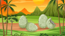 Scene With Dinosaur Eggs In The Field