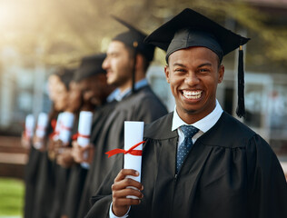 Poster - Imagine the doors this could open. Portrait of a young man holding his diploma while standing with his fellow students on graduation day.