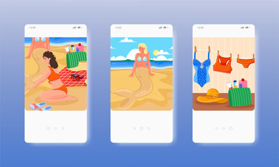 Wall Mural - Girl making sand mermaid. Summer beach vacation. Mobile app screens, vector website banner template. UI, web site design