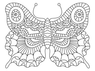 Decorative hand-drawn butterfly colouring page vector illustration. Funny ornamental bug coloring page for adults horizontal page. Hand-drawn symmetry detailed insect printable worksheet