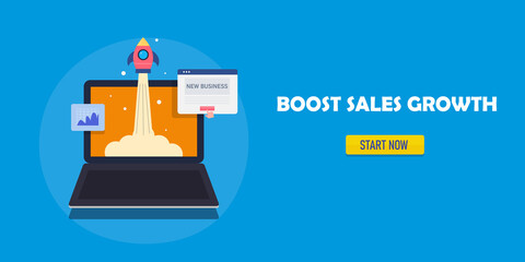 New business getting massive sales boost, sky rocket company growth marketing, analytics concept, flat design web banner template.