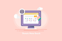 Domain Name Search, Domain Registration, Find Website, Web Hosting And Management Concept. Flat Design Web Banner Template.