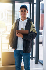Poster - Doing my rounds right on schedule. Portrait of a courier making a delivery in an office.