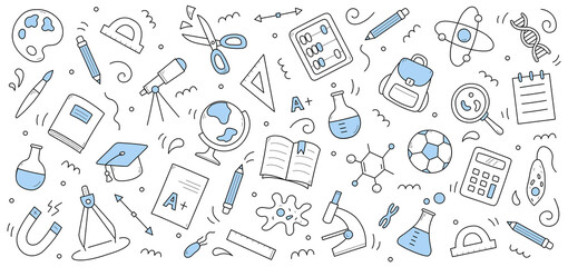 School and science doodle background with education signs. Line art vector protractor, globe, test. Pencil, backpack and chemical beakers, paints, palette, academic cap, compass, cells and abacus