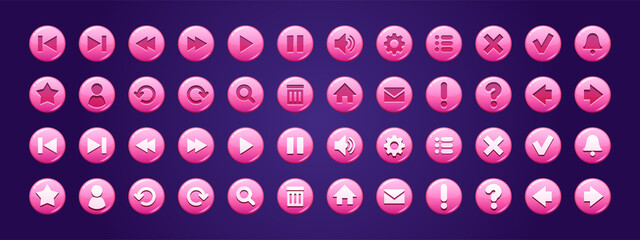 Poster - Glossy circle buttons with icons for website or user interface design in game. Vector cartoon set of pink ui elements, web buttons with symbols of search, mail, home, arrows, star and sound