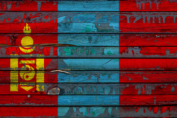 Wall Mural - The national flag of Mongolia. is painted on uneven boards. Country symbol.