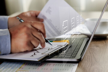 Poster - business man signing contract document and paper document management concep erp