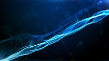 Digital Particles Blue Color Wave Flow And Lights With Bokeh, Technology Digital Cyberspace Digital Connection Abstract Background Concept. 3d Rendering