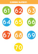 Learning numbers cards from 61 to 70. Colorful flashcards.