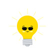 Cute light bulb smile in sunglasses cool funny cartoon vector character. Flat design summer kawaii electric lamp emoji with face illustration isolated on white background. Lightbulb mascot.