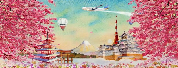 travel ancient architecture landmarks japan with panorama animation rendering to tokyo with spring s
