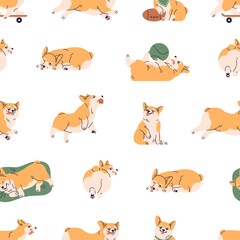 Poster - Cute corgi pattern. Seamless background with repeating funny dogs print. Endless repeatable backdrop, texture design with amusing doggies, puppies for decoration. Colored flat vector illustration