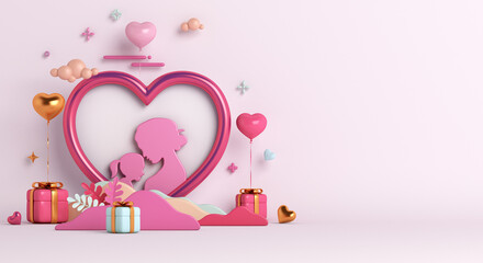 Wall Mural - Happy Mothers day background with frame, gift box, heart shape balloon, leaves copy space text, 3D rendering illustration