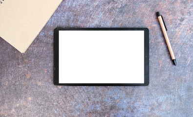 Poster - Tablet on the desk office and technology, Top view on working space with office equipment and space for text