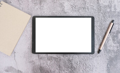 Poster - Tablet on the desk office and technology, Top view on working space with office equipment and space for text