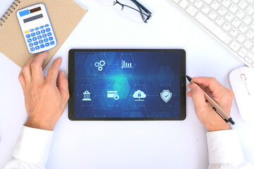 Poster - Hand using tablet and laptop analyzing sales data and economic growth graph chart. Business strategy. Digital marketing. Business innovation technology concept