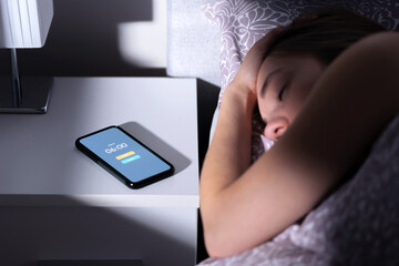 Phone alarm waking up tired sleeping woman in bed at night or morning. Cellphone on table with clock timer and snooze button. Oversleeping person, late from work. Sleepy, lazy or overslept lady.