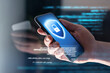 © terovesalainen - Mobile data fraud with phone. Cybersecurity hacker. Scam, phishing and online crime. Ransomware, antivirus, malware or spyware security firewall app. Identity thief and scammer with smartphone.