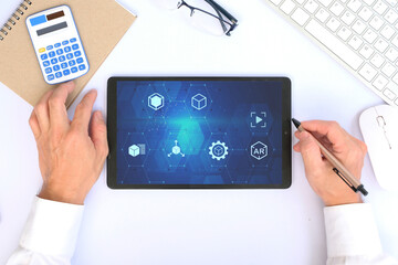 Poster - Hand used tablet with virtual reality technology concept for the metaverse environment. Things-on-the-internet (IoT). Blockchain in the future of corporate finance