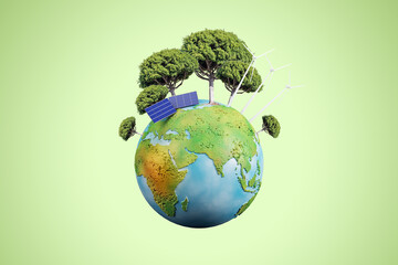 Poster - Creative globe with trees and solar panels on green background. Energy and sustainable concept. 3D Rendering.