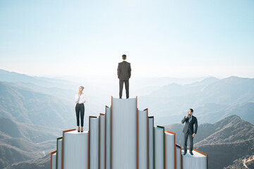 Aufkleber - Business people standing on book mountain on sky background with mock up place. Education, wisdom and challenge concept.