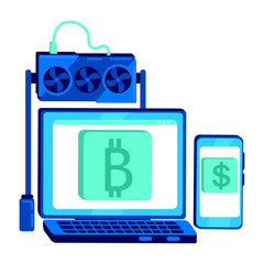 Fototapete - Equipment for cryptocurrency mining semi flat color vector object. Full sized items on white. Specialized computer and smartphone simple cartoon style illustration for web graphic design and animation