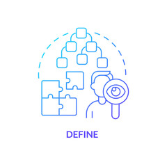 Define blue gradient concept icon. Analysing business information. Design thinking process abstract idea thin line illustration. Isolated outline drawing. Myriad Pro-Bold font used