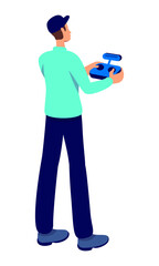 Poster - man using using remote control for drone semi flat color vector character. standing figure. full bod