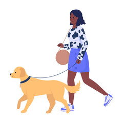Poster - Stylish woman walking dog on street semi flat color vector characters. Walking figures. Full body person on white. Celebrity simple cartoon style illustration for web graphic design and animation