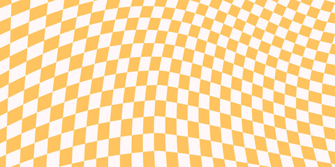 Wall Mural - Checkered horizontal background with distorted yellow and white squares. Trendy abstract banner with distortion. Vector illustration